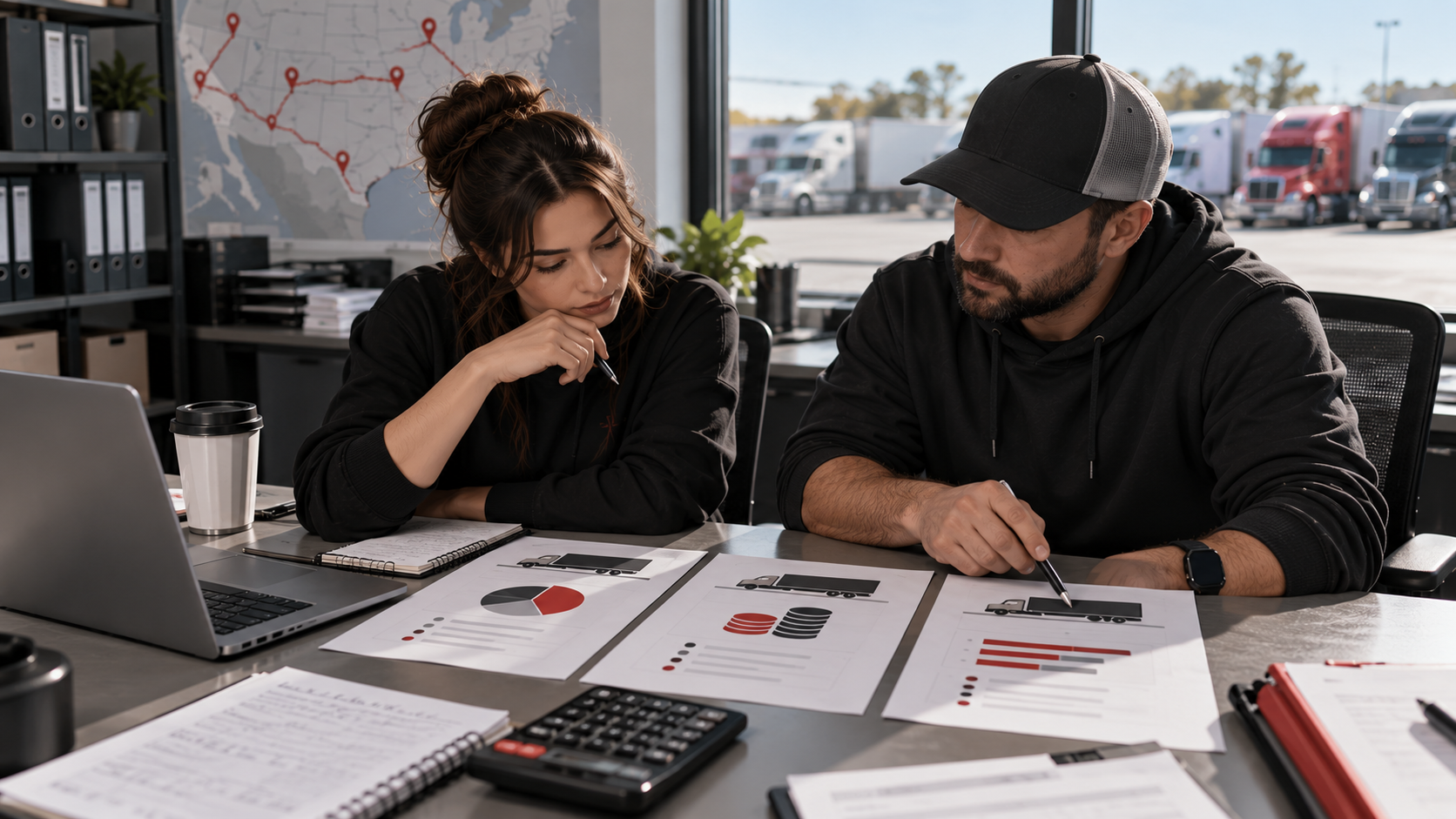 A small dispatch business reviewing three neutral pricing-model worksheets with calculator and service-scope notes