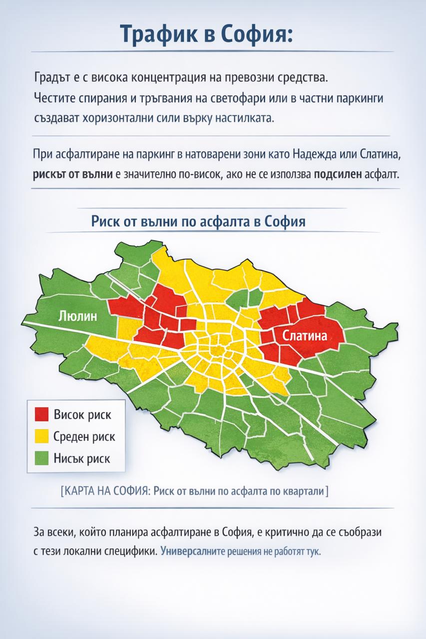 Карта на София с зони с висок, среден и нисък риск от вълни по асфалта според трафика и натоварването