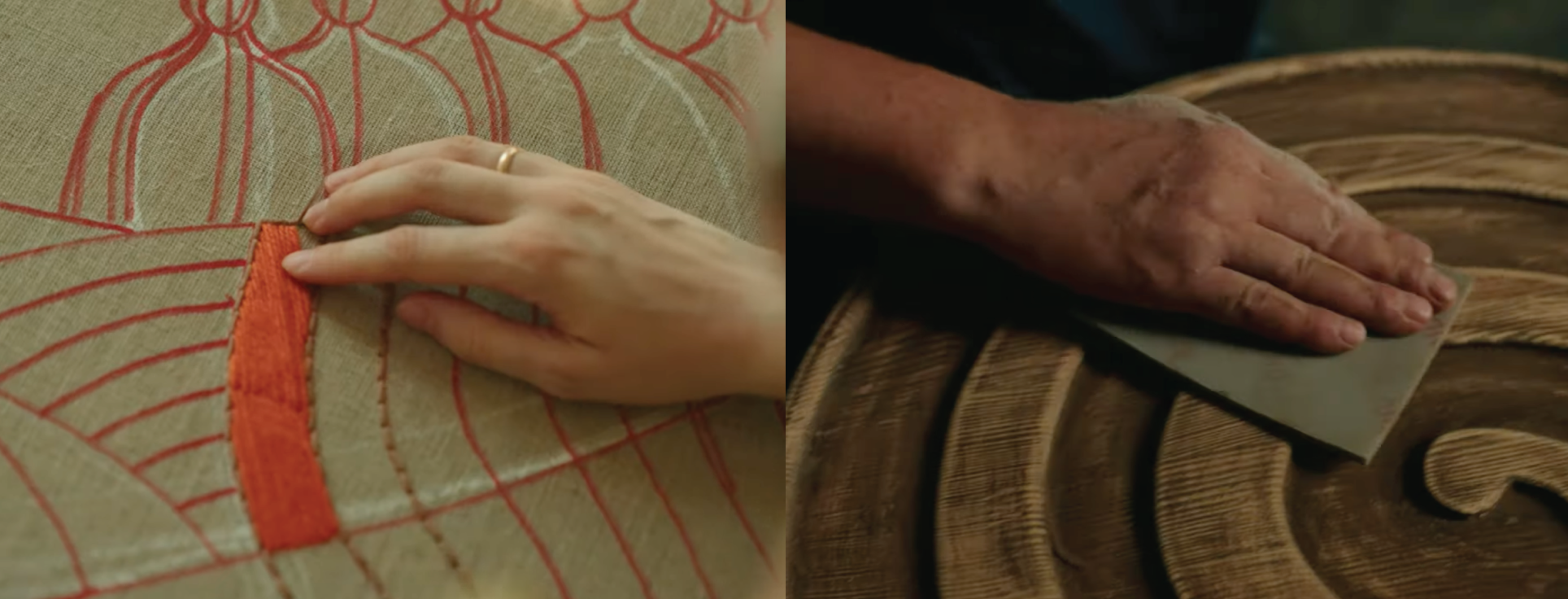 Hands producing the handcrafted wood and textile elements of the Acasă installation