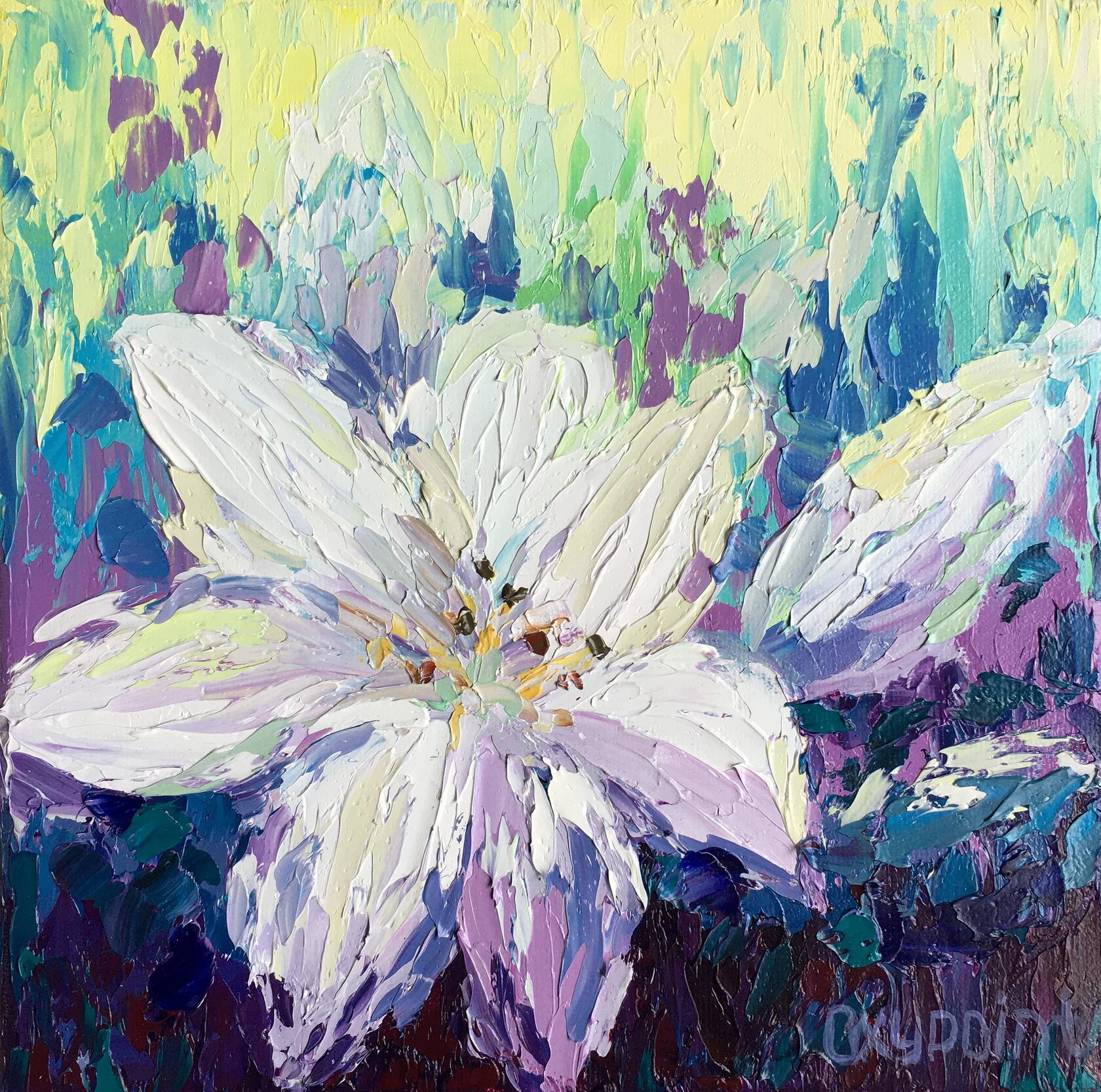 lily oil painting, flowers abstract art, flower knife painting, artist OXYPOINT Oxana Kravtsova