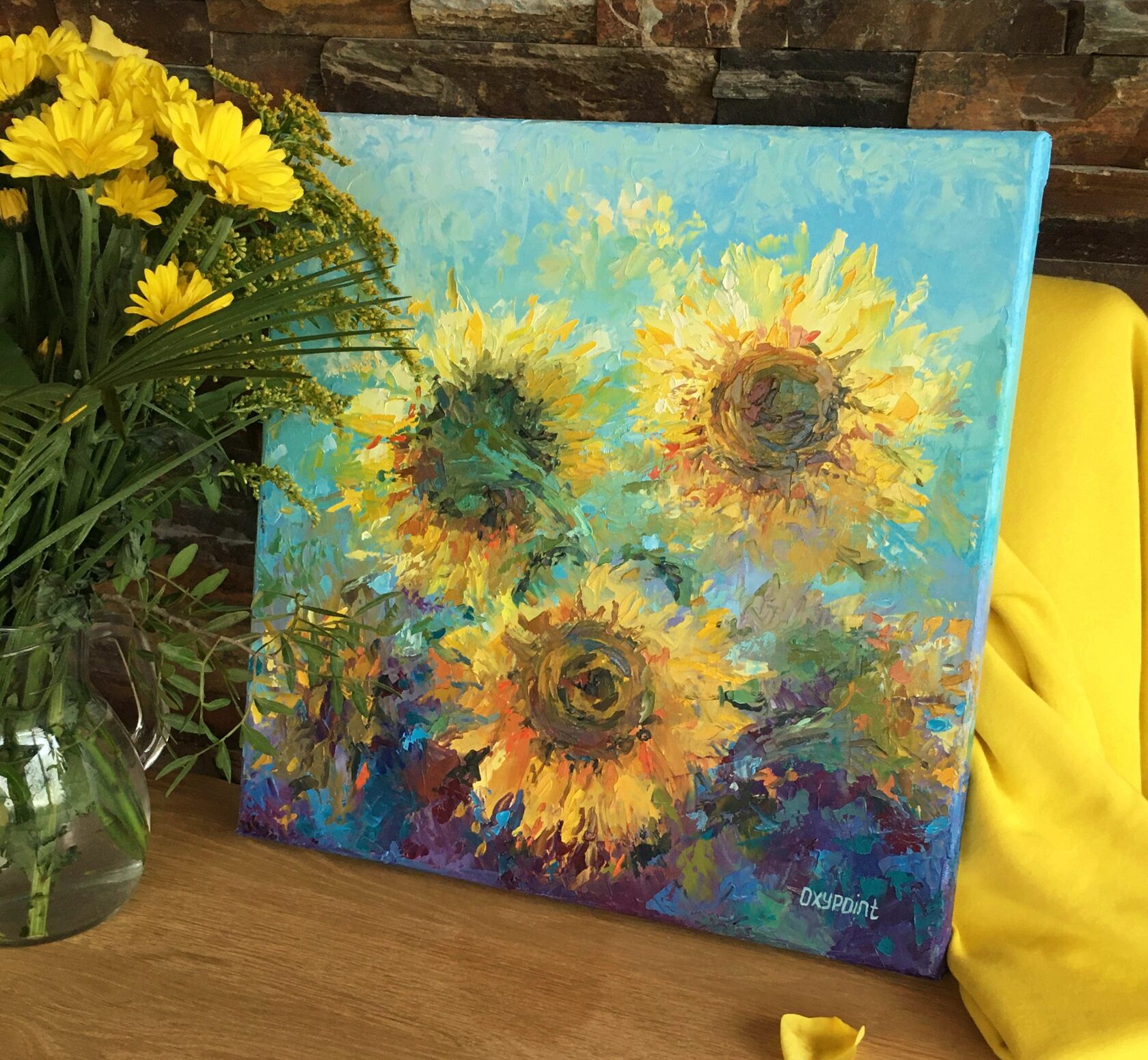 sunflowers oil painting, wildflowers abstract art, sunflower knife painting, artist OXYPOINT Oxana Kravtsova