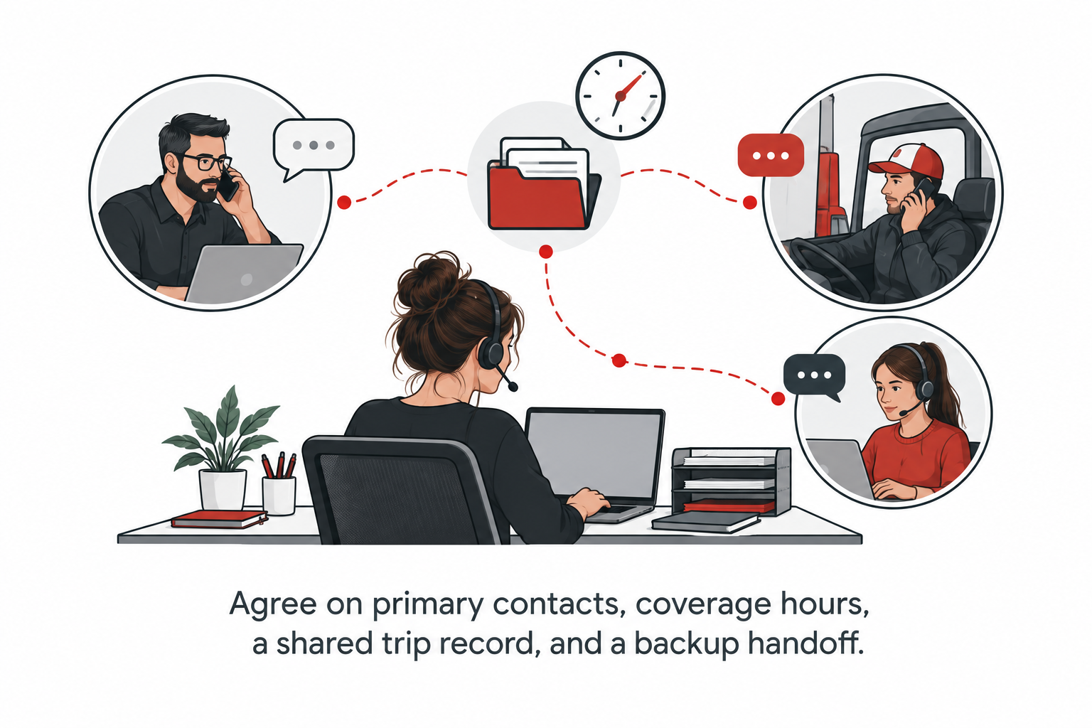 Remote dispatcher communication paths to the carrier, driver, and backup contact.