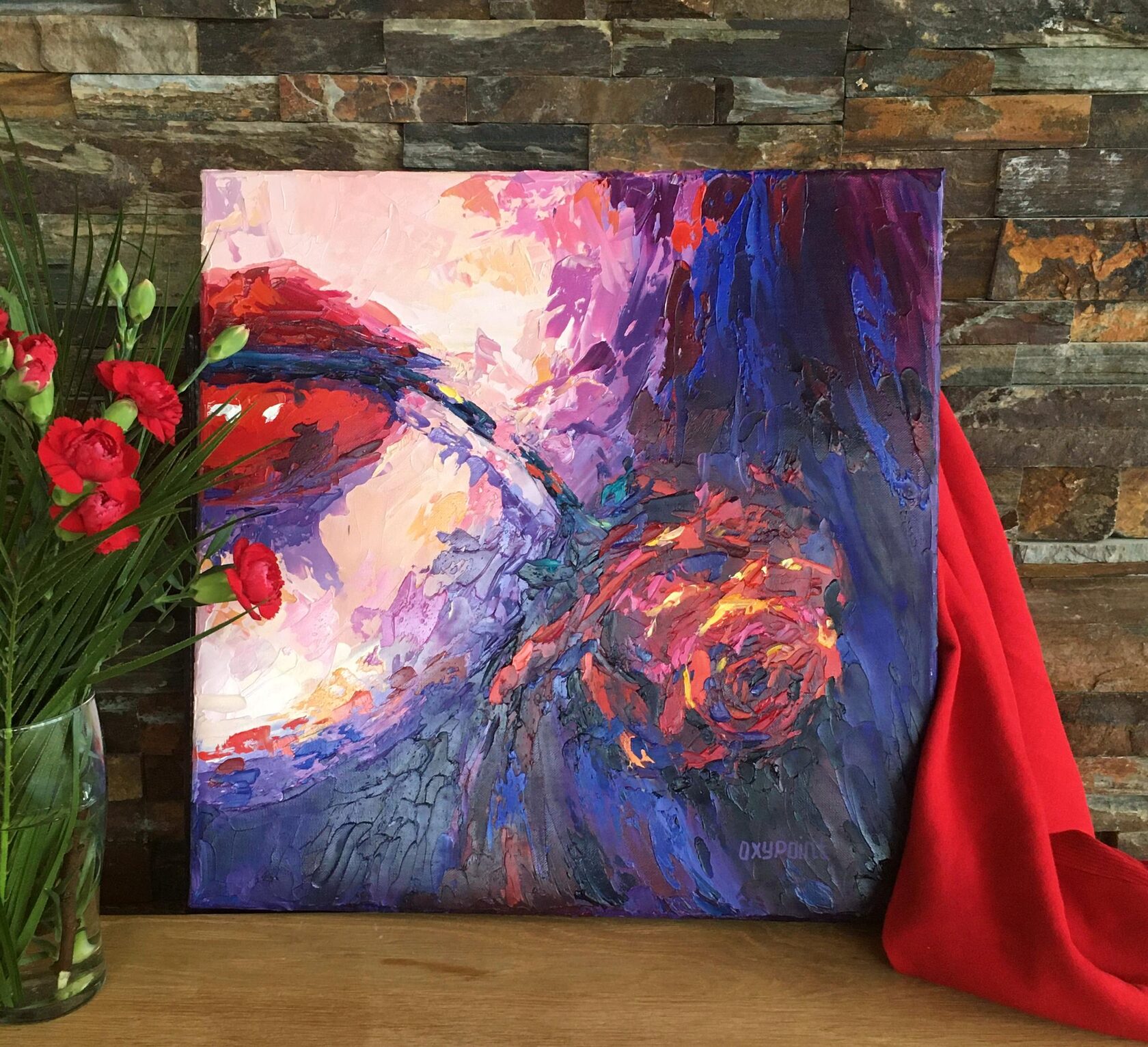 Red lips oil painting, contemporary portrait abstract art, flower rose in teeth knife painting, artist OXYPOINT Oxana Kravtsova, painting for sale 