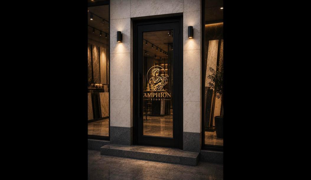 Логотип AMPHION STONE на вхідних дверях шоуруму