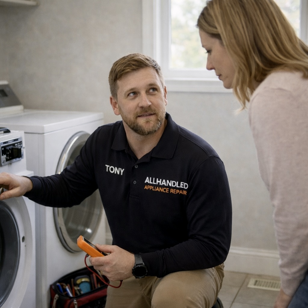 Technician inspecting and diagnosing appliance issue
