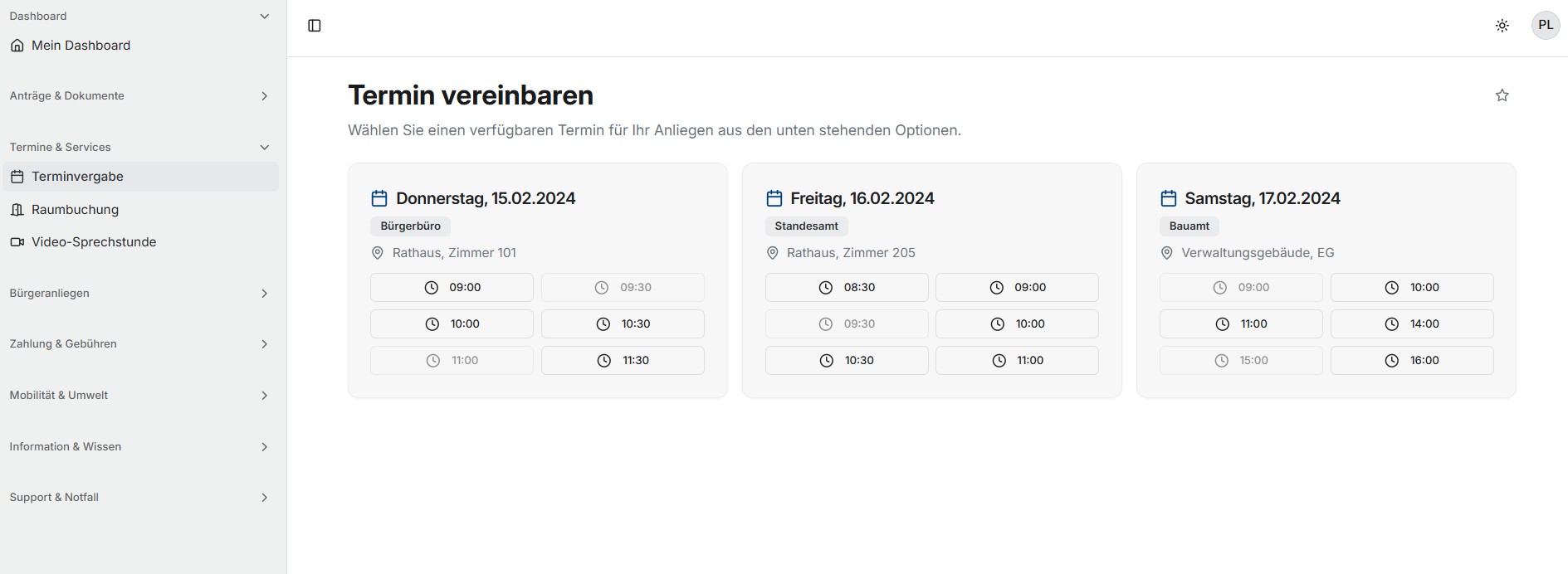 Online-Terminvereinbarung für Bürgerbüro, Standesamt und Bauamt mit verfügbaren Uhrzeiten