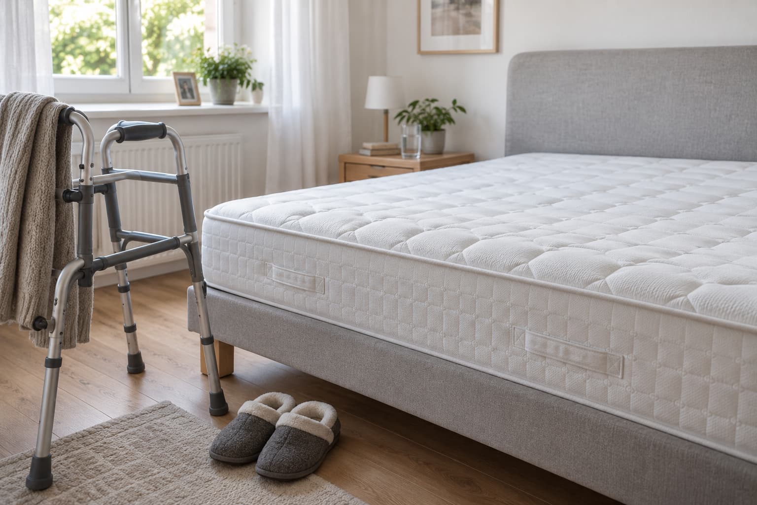 Matratzenreinigung bei Pflege zu Hause – Frankfurt Helles, ruhiges Schlafzimmer mit frisch gereinigter Matratze und einem Rollator neben dem Bett – typische Situation bei der Pflege älterer Menschen zu Hause. Shikardos reinigt Matratzen bei Urin- und Geruchsproblemen direkt vor Ort in Frankfurt, sodass das vertraute Bett weiter genutzt werden kann statt entsorgt zu werden.