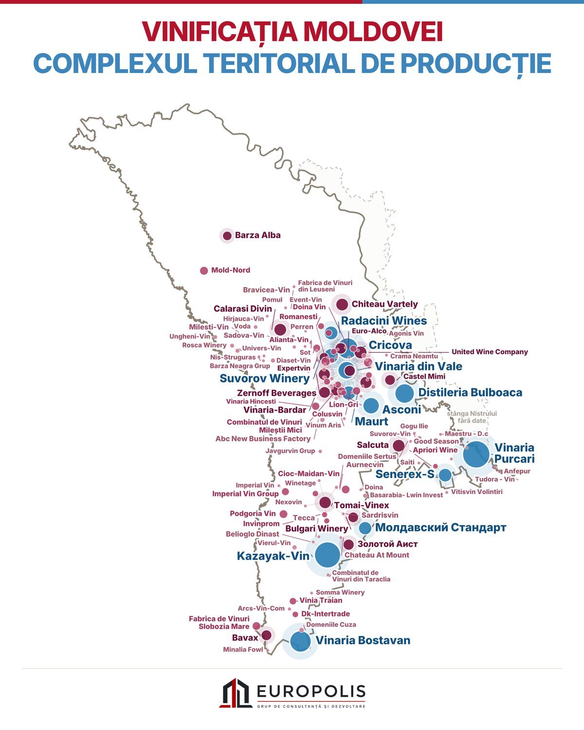 Hartă: vinificația Moldovei, complexul teritorial de producție