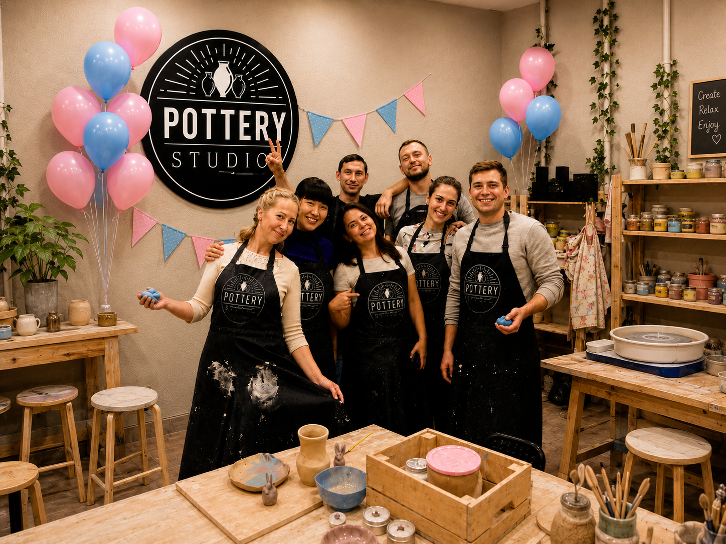 Group gender reveal party at a pottery studio