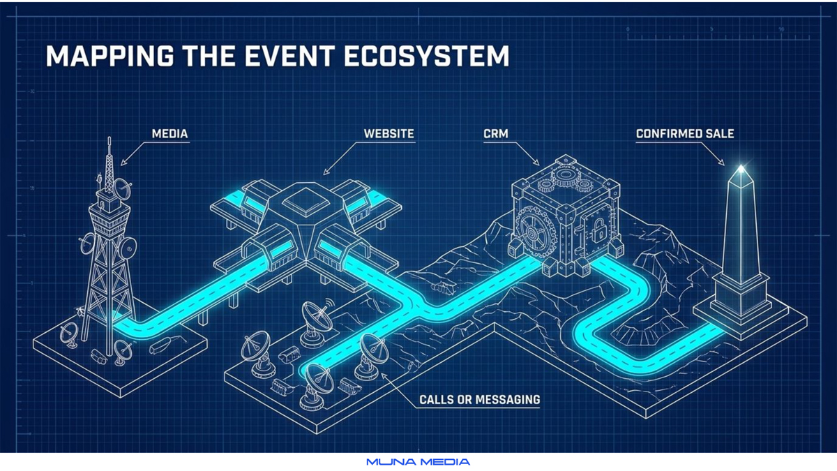Mapping the event ecosystem: media, website, calls or messaging, CRM and confirmed sale in one campaign data path — Muna Media