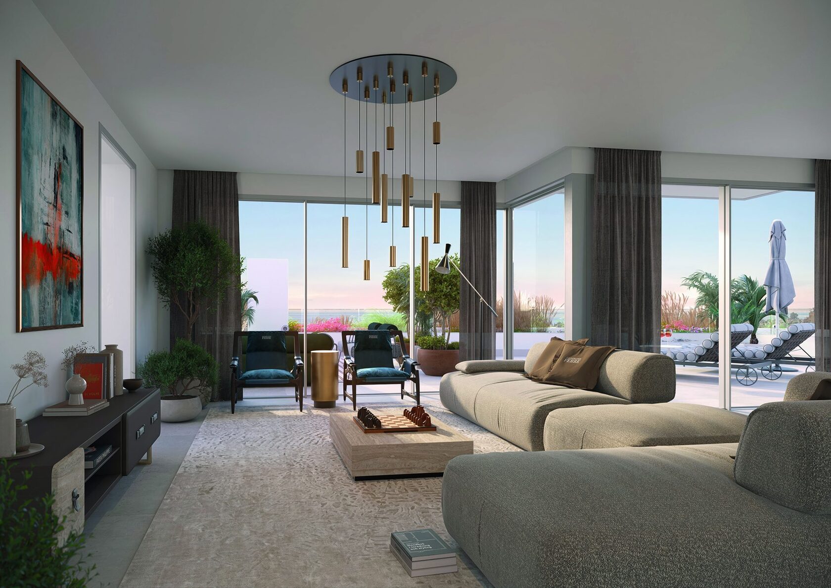 Living room at dusk, terrace beyond