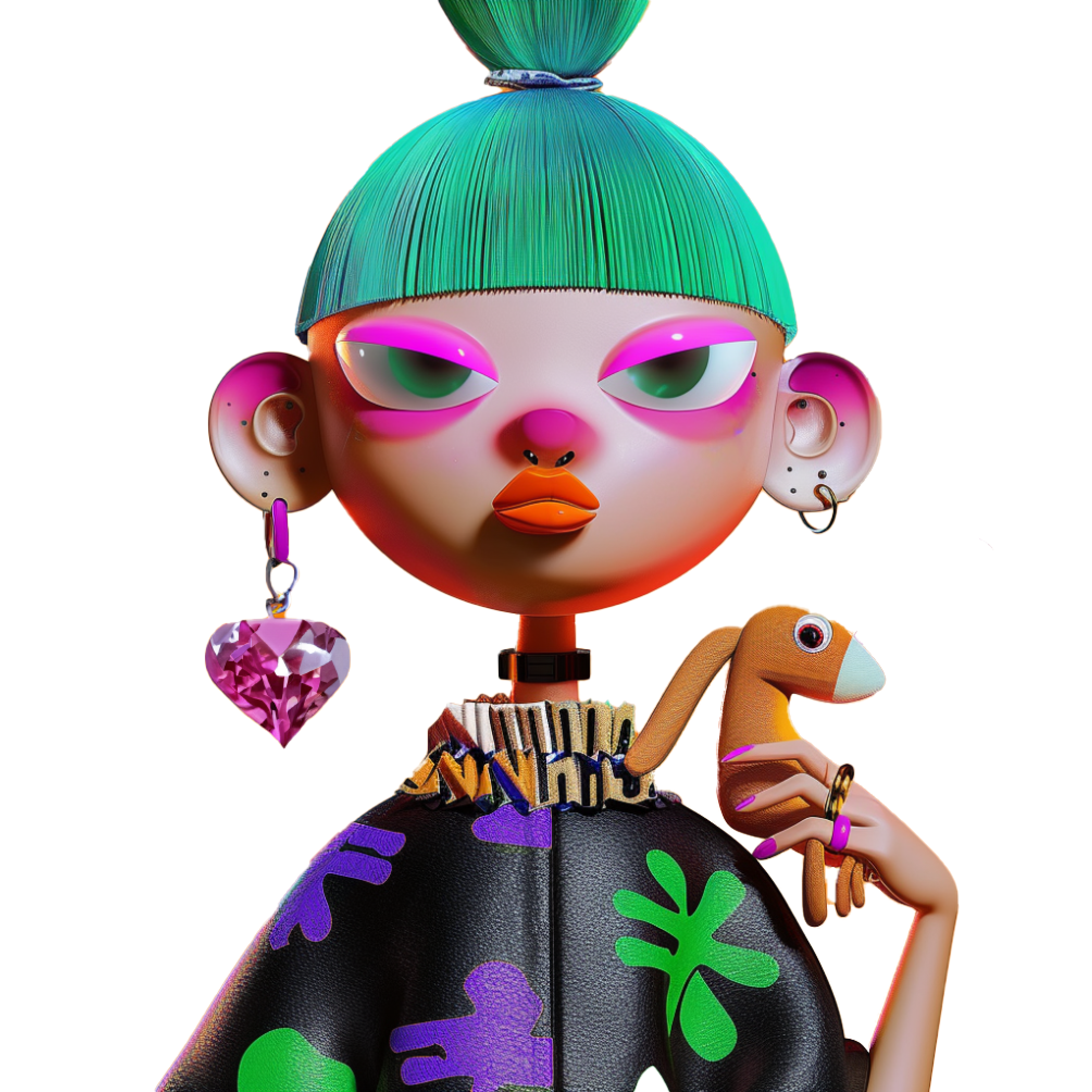 Digital artwork showcasing a female character with turquoise hair and pink ruby earring, holding a small dog.