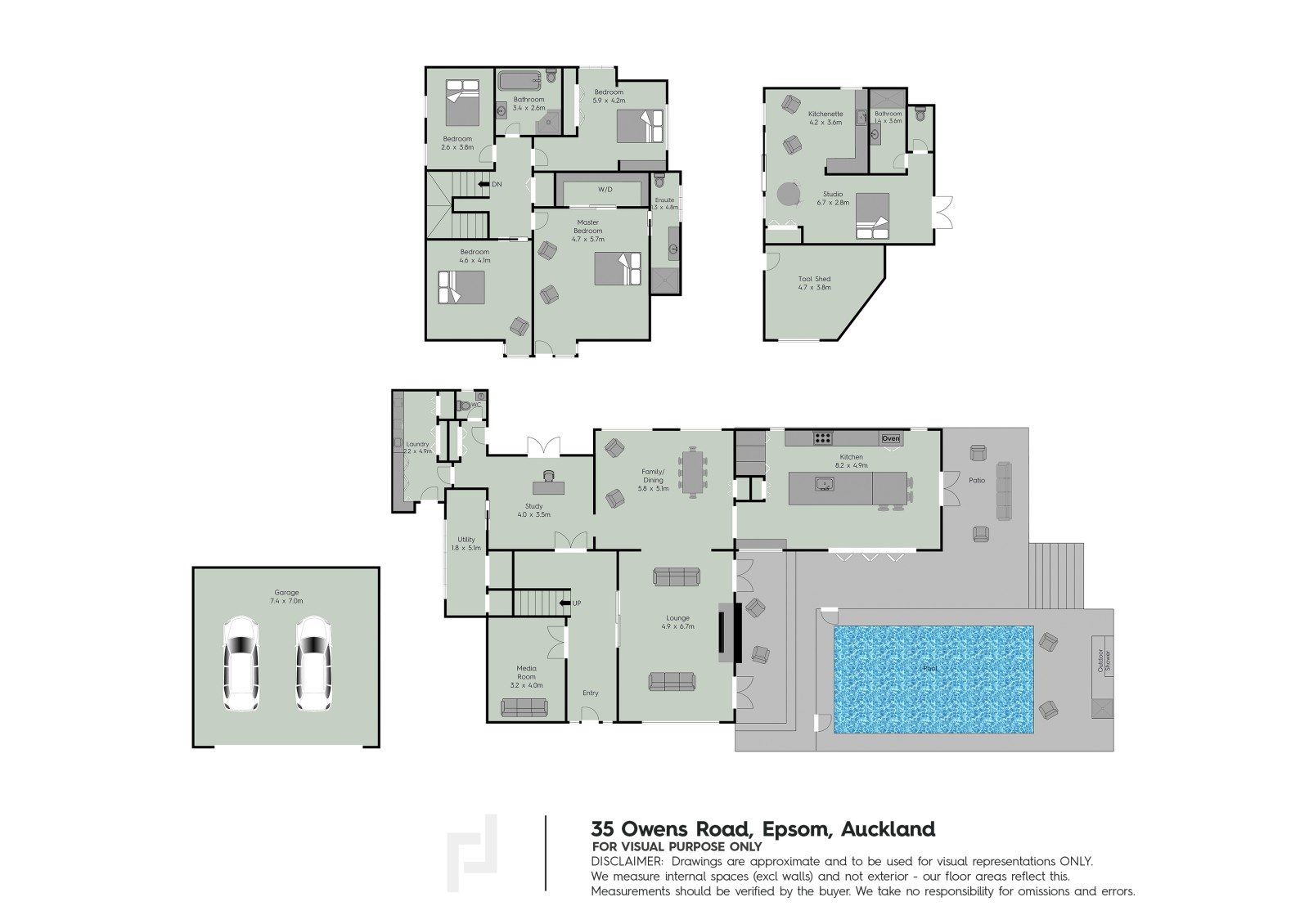Floor plan of the Owens Road Epsom property showing room layouts, garage, swimming pool and outdoor areas