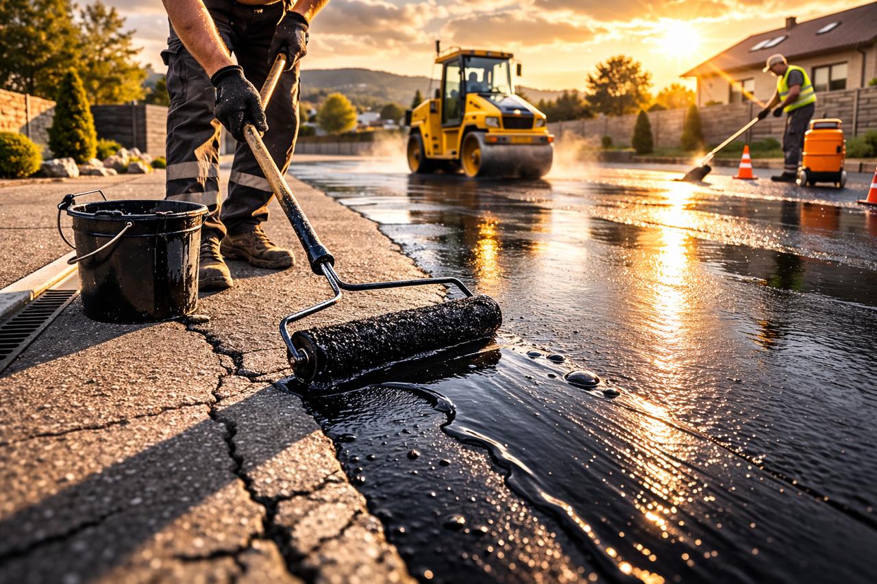 Професионално запечатване на паркинг с битумна емулсия и строителна техника