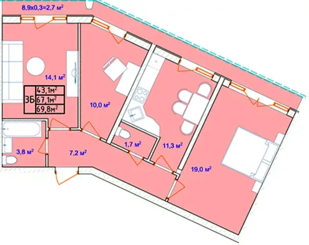 Планування 3-кімнатної квартири в ЖК Aqua Marine — варіант 5