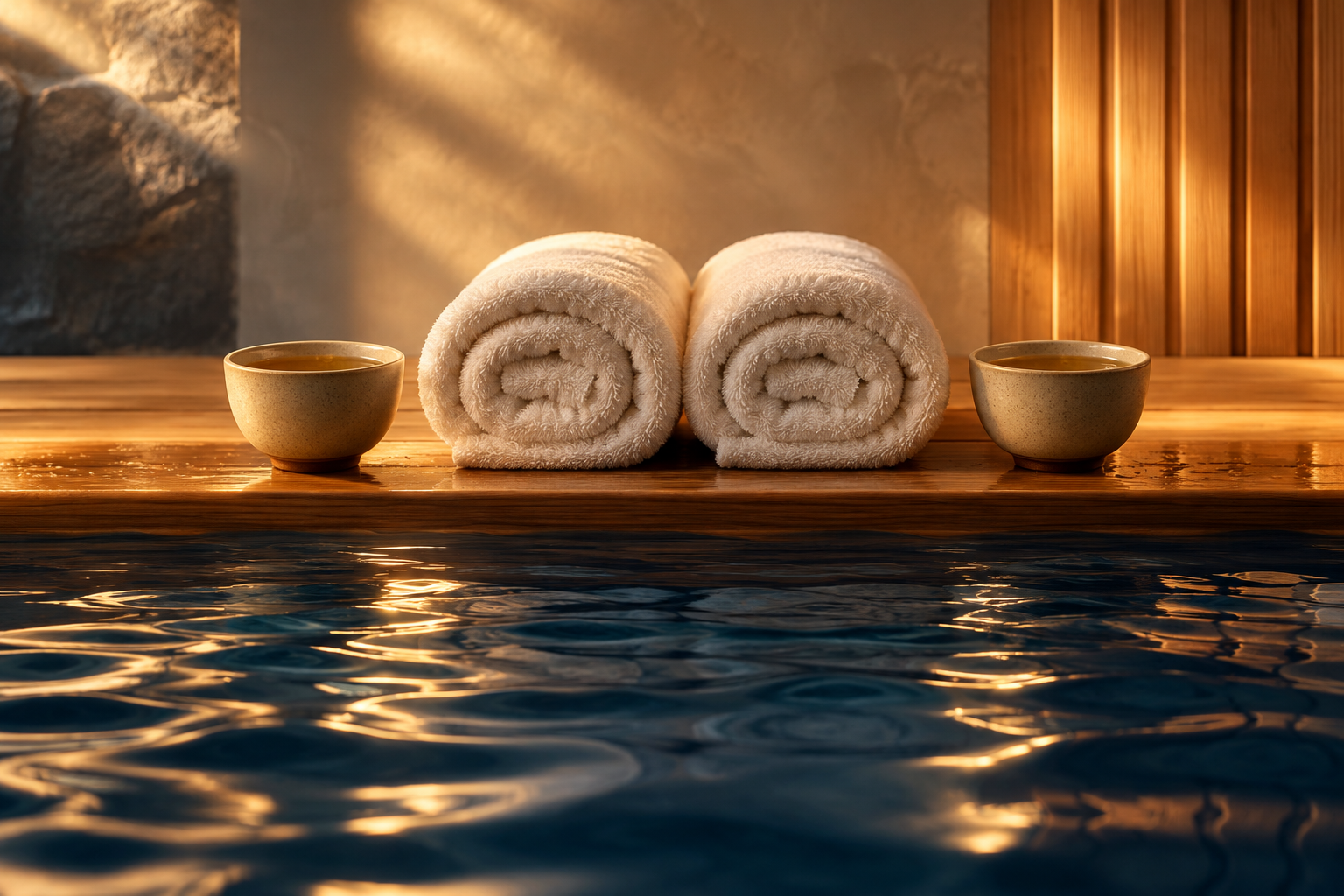 Conceptual wellness still life with two towels, herbal tea and rippling water