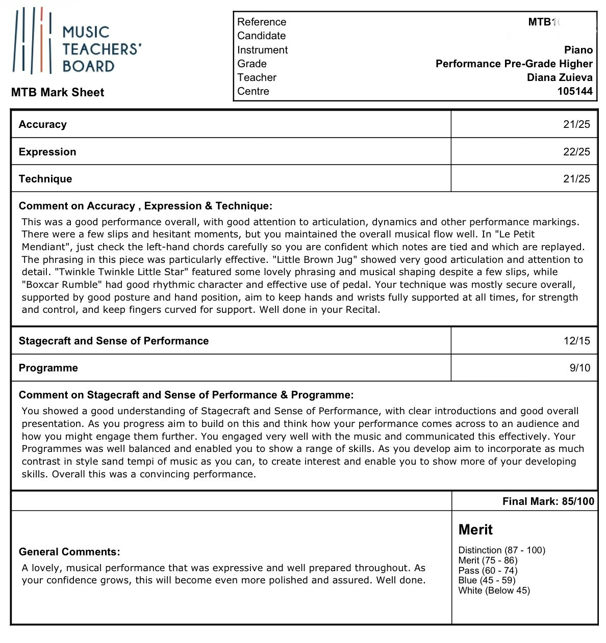 MTB Pre-Grade Higher mark sheet, 85/100 Merit