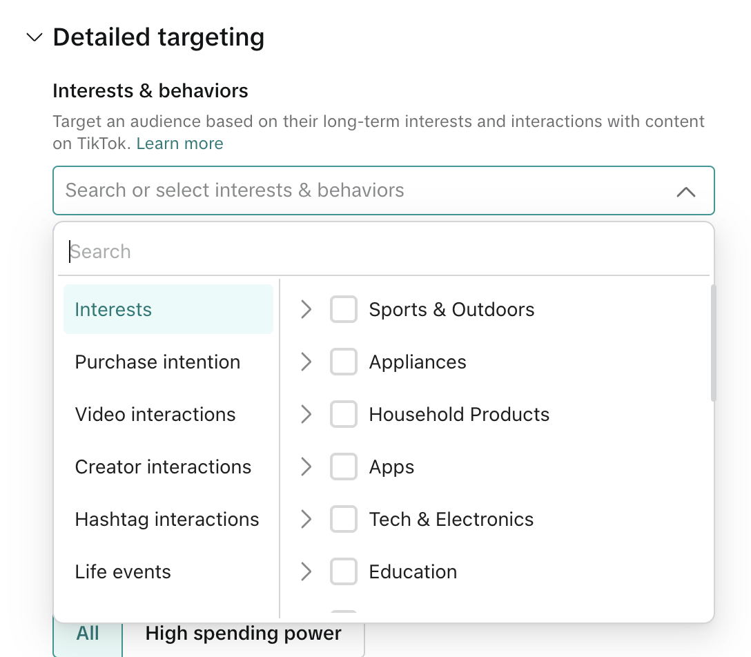 Поле Interests & behaviors в блоке Detailed targeting TikTok