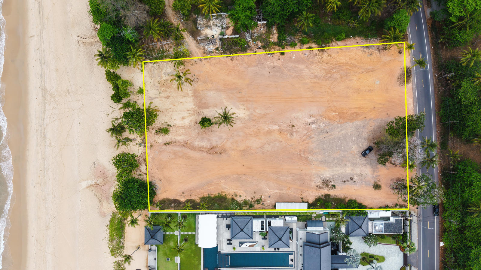 Aerial view showing the plot boundary, Natai Beach land