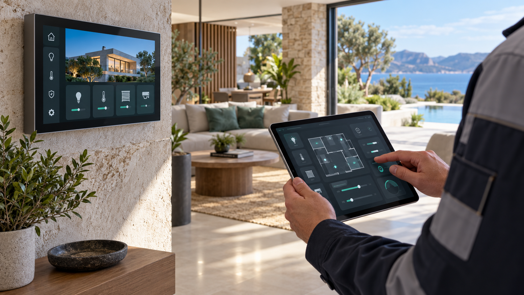 Illustrative concept of a technician reviewing a smart home system interface