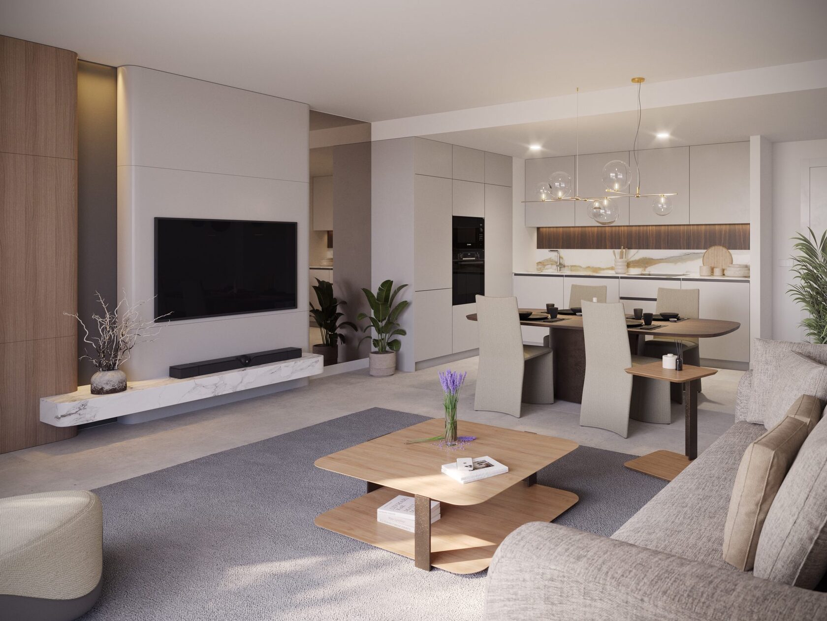 Open-plan living and dining with the kitchen behind