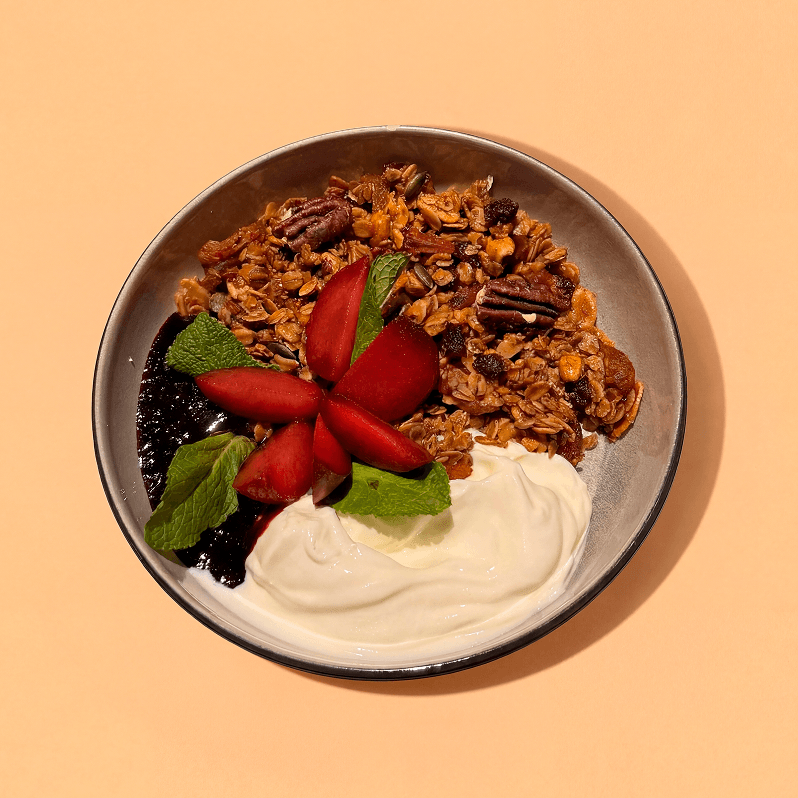 Granola with Greek yogurt, fruit and homemade jam