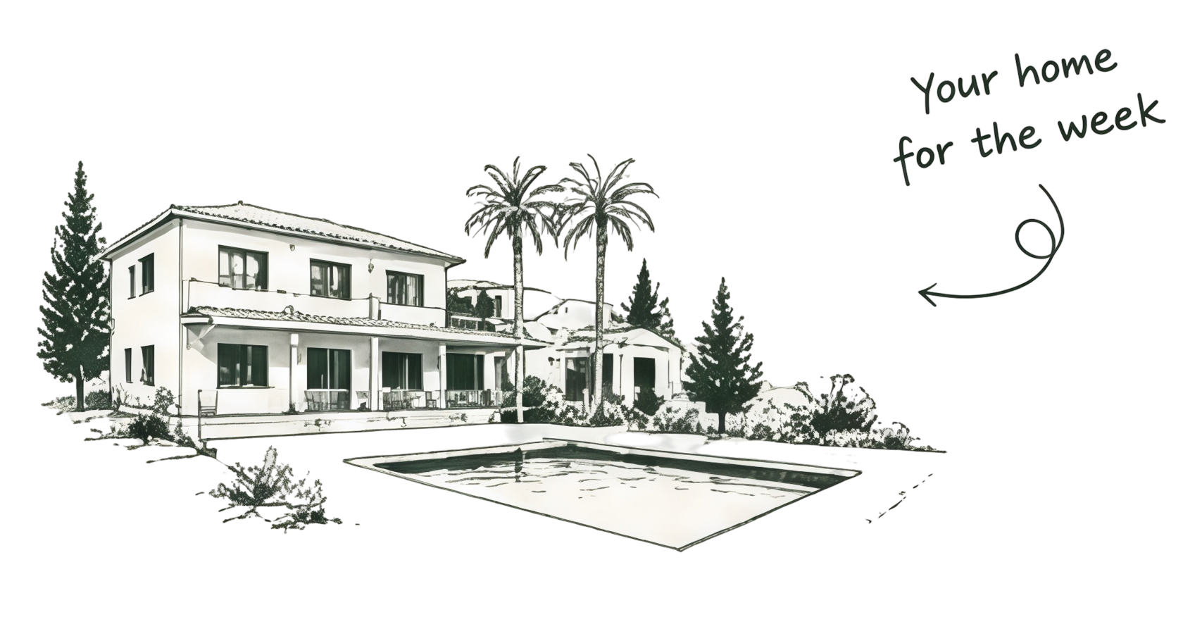 Illustration of the camp villa and pool