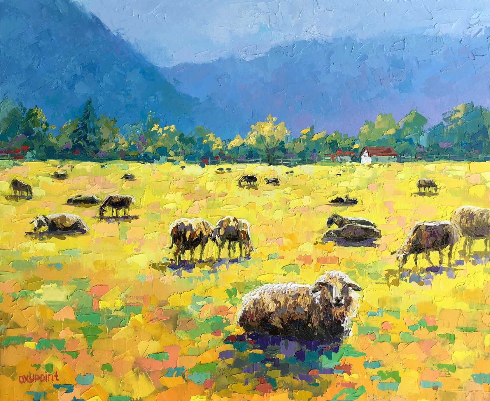 Sheep in an alpine meadow oil painting