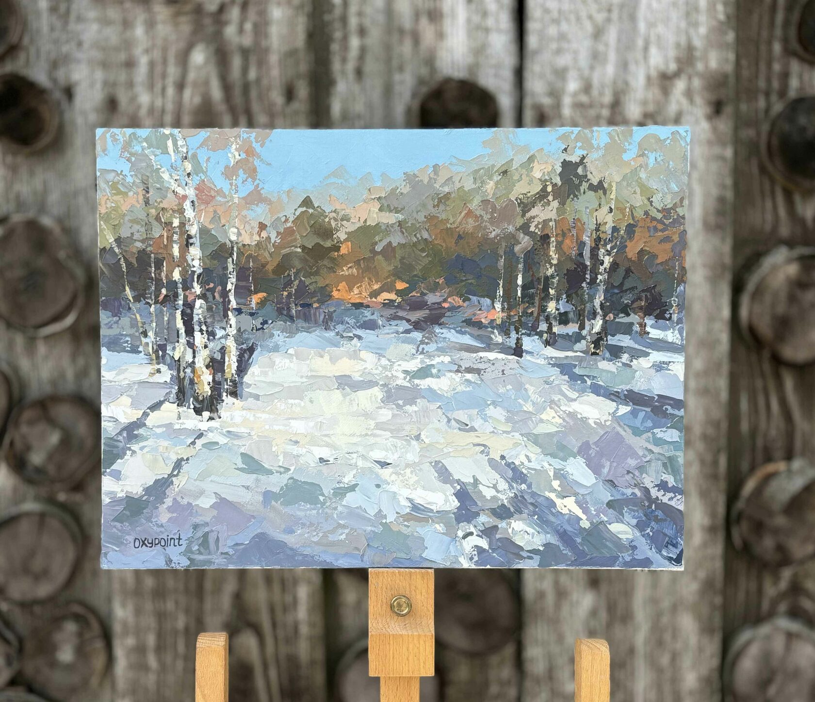 Winter grove oil painting with palette knife
