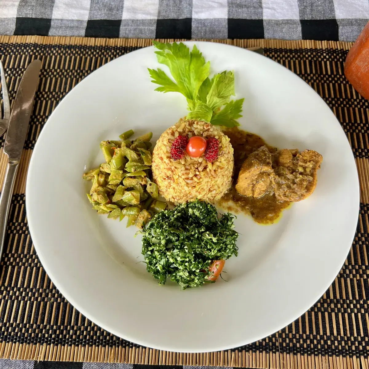 Rice and curry with gotukola, served at Vonfidel Ranch.