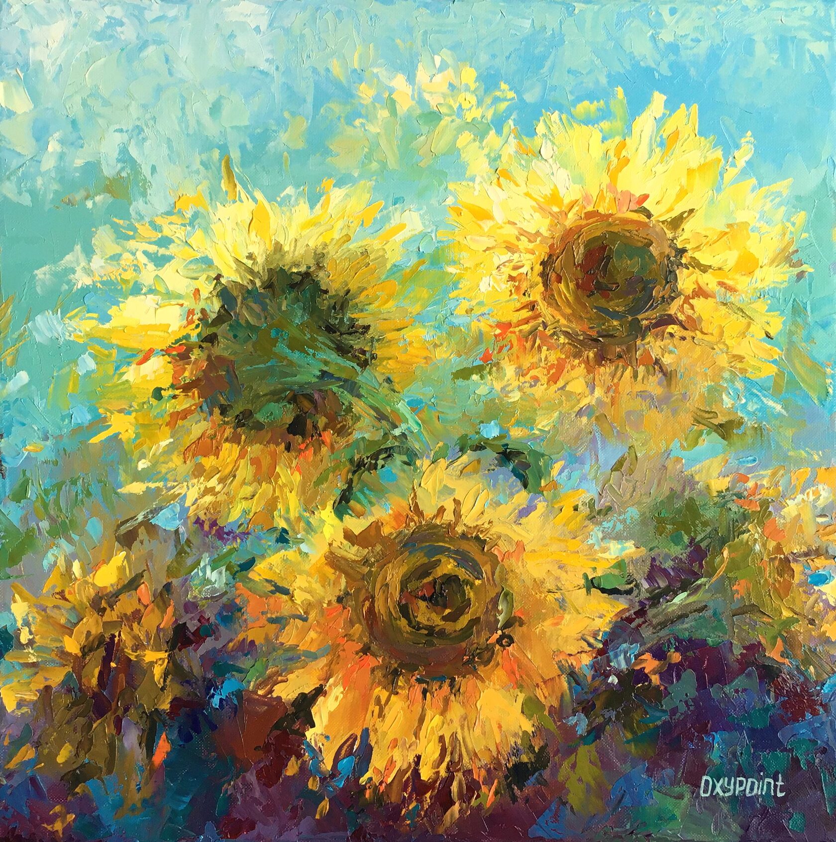 sunflowers oil painting, wildflowers abstract art, sunflower knife painting, artist OXYPOINT Oxana Kravtsova