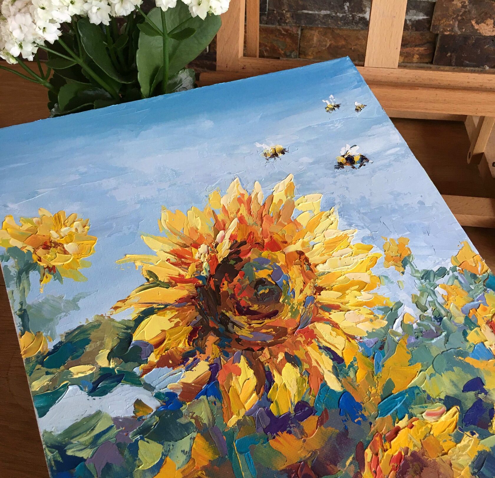 Sunflowers oil painting, flowers abstract art, sunflower knife painting, artist OXYPOINT Oxana Kravtsova, painting for sale