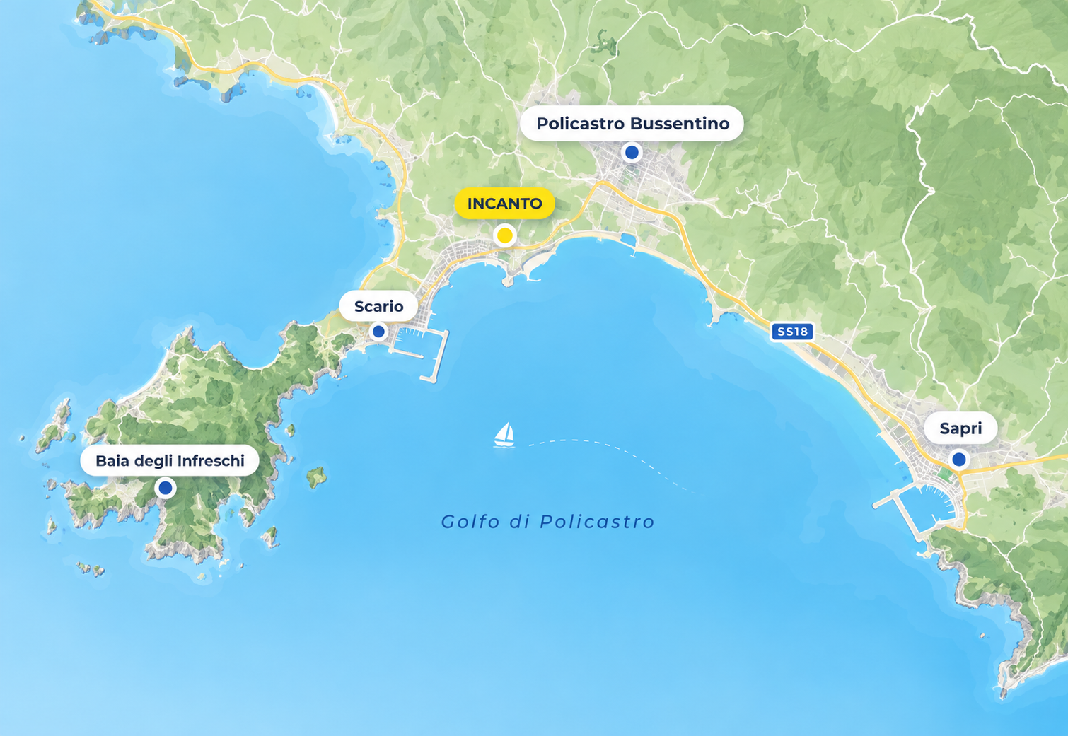 Mappa del Golfo di Policastro con INCANTO, Scario e Policastro Bussentino