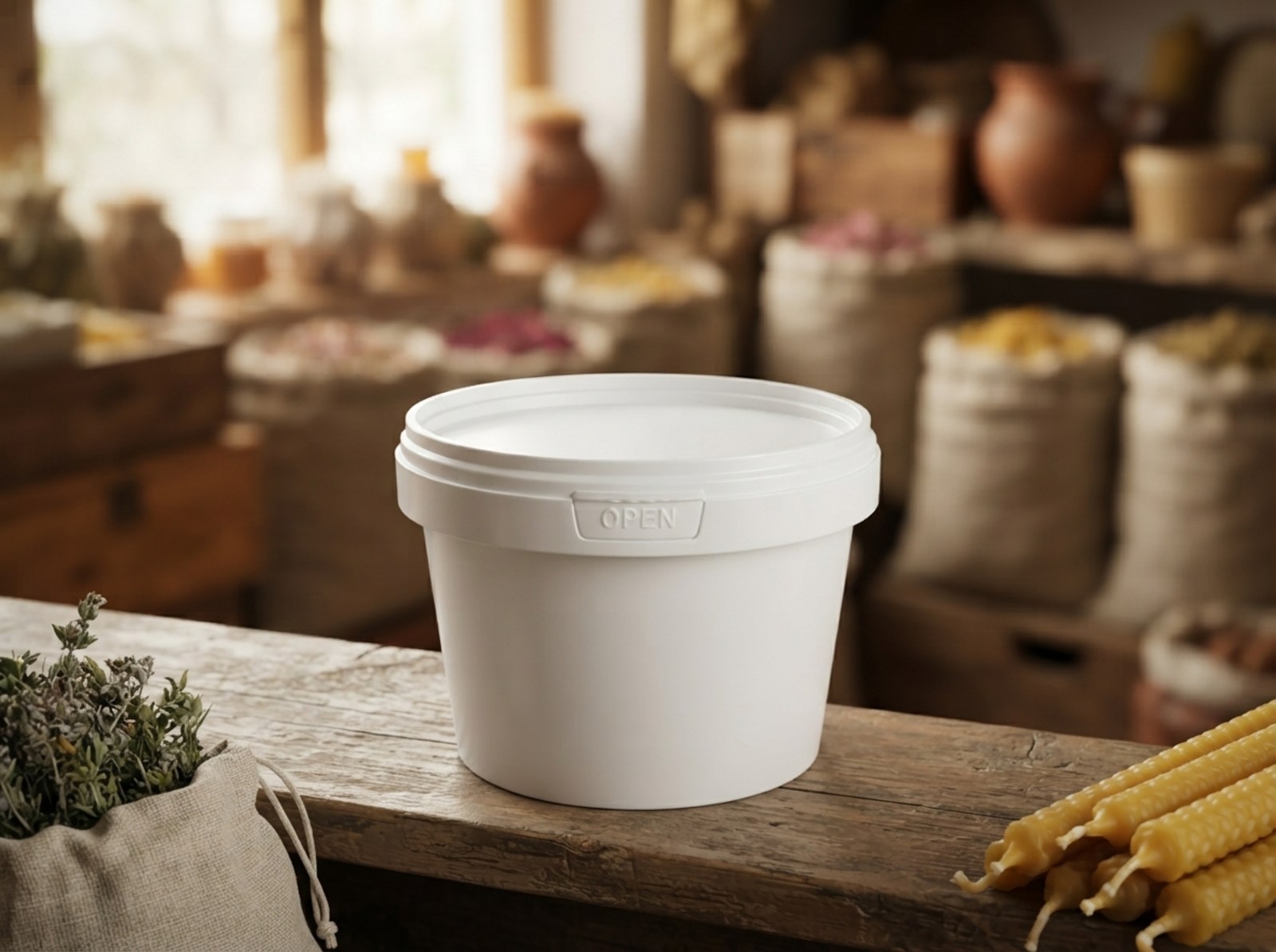 Белое пластиковое ведро 560 мл с крышкой на деревянной полке медовой лавки в Караколе рядом с восковыми свечами