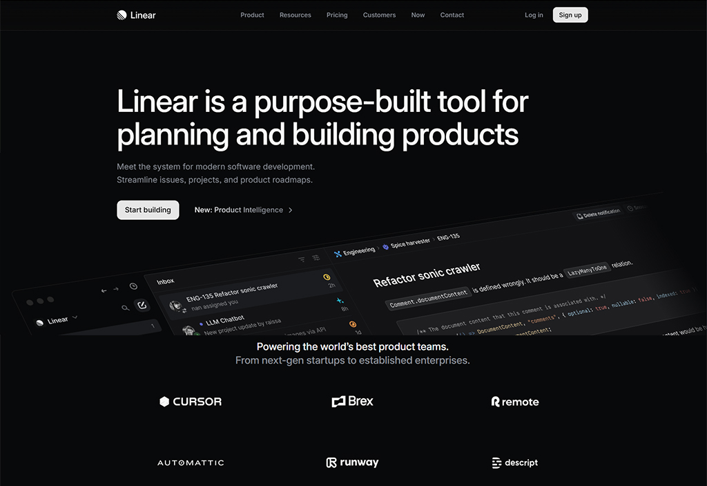 SaaS landing page example — Linear.