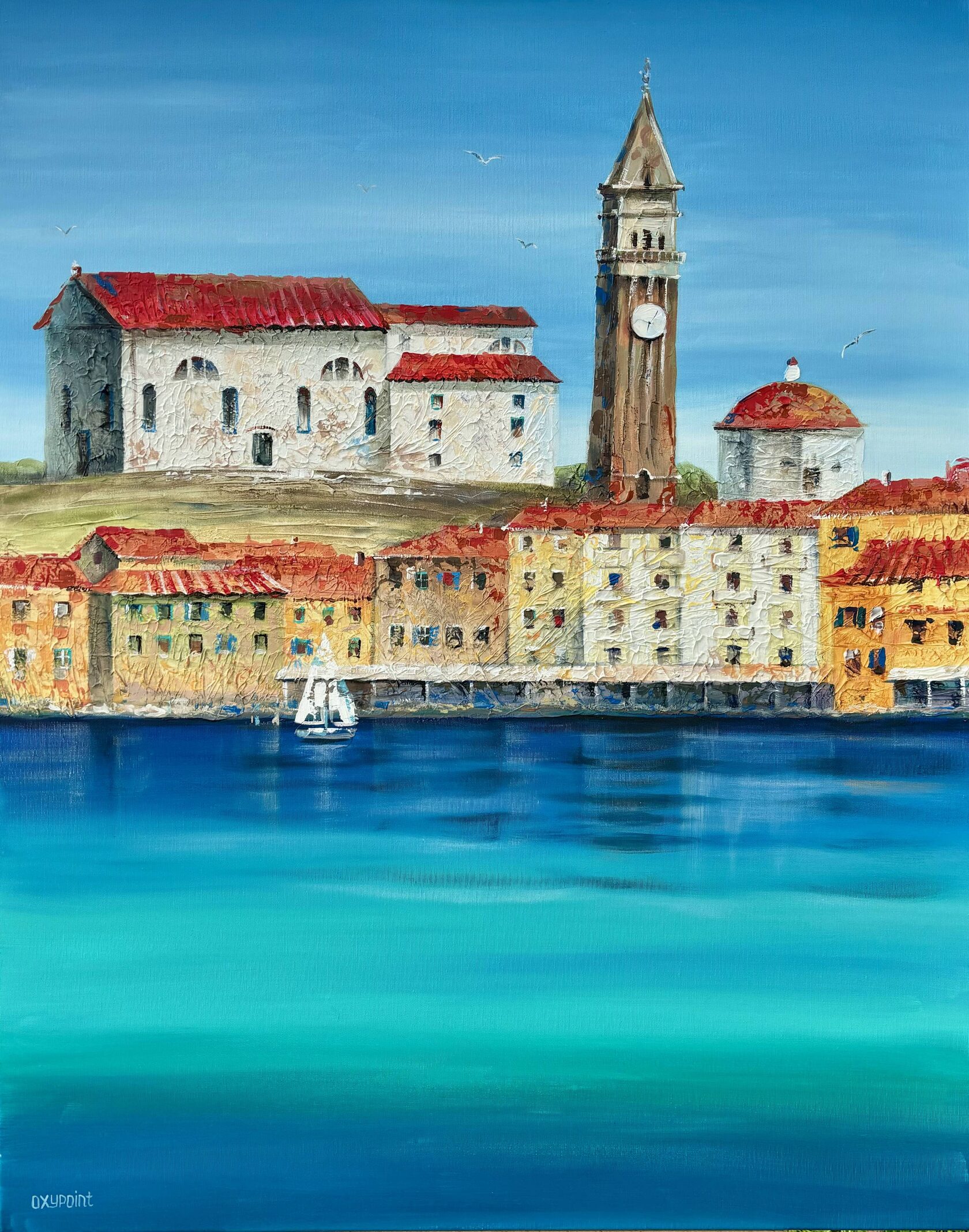 Acrylic painting Piran, mixed media, large wall art for sale, buy art from artist, buy original paintings, Slovenia, painting for sale Oxana Kravtsova Oxypoint