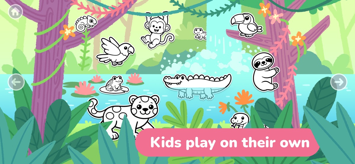 Bumi Lumi jungle coloring page with a crocodile, a sloth and a monkey to color