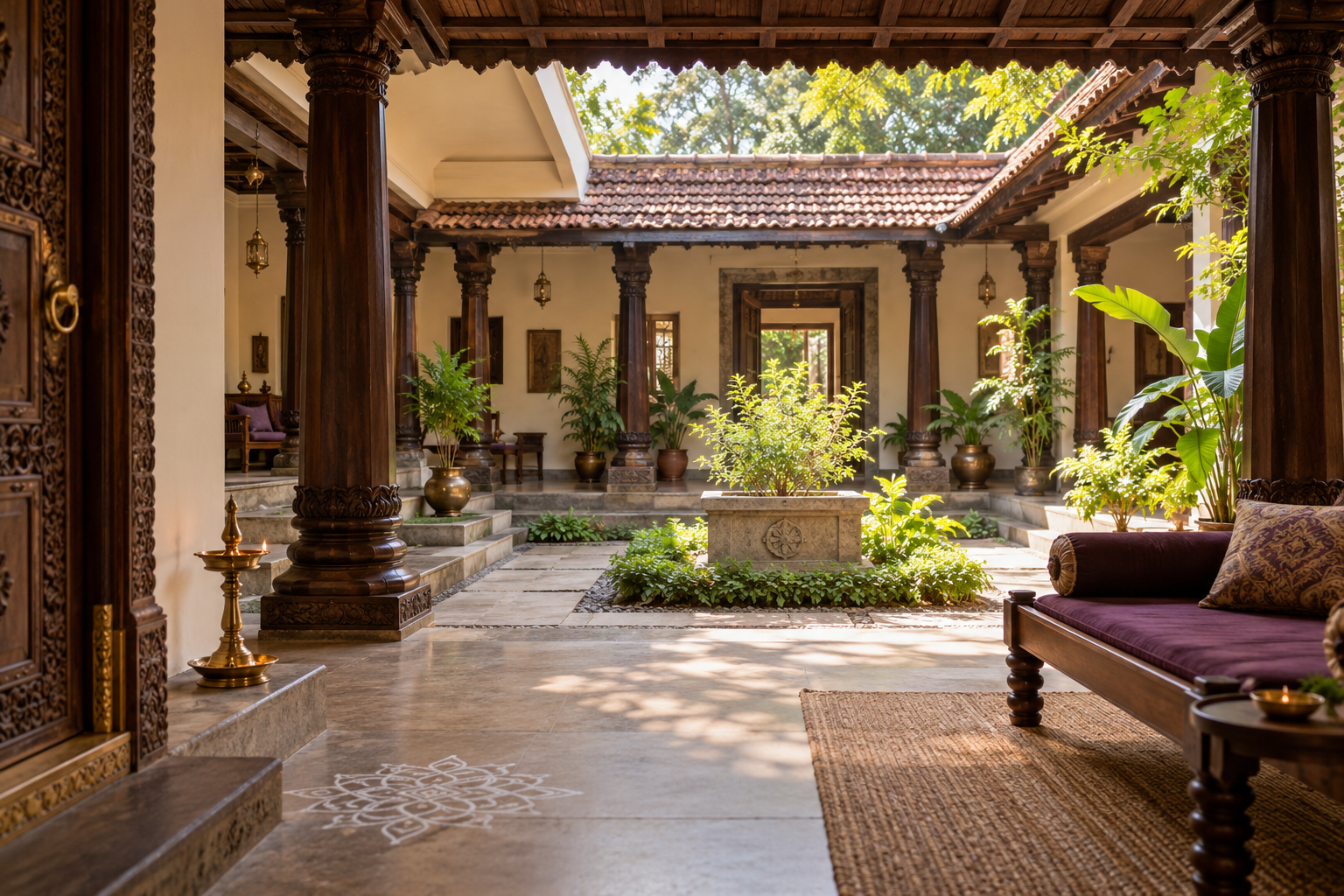 A traditional Indian house with carved columns and an inner courtyard