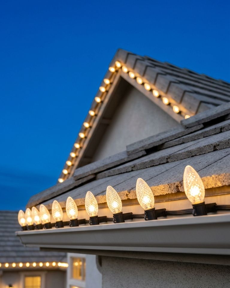 Close-up of warm white C9 Christmas bulbs along a roof gable