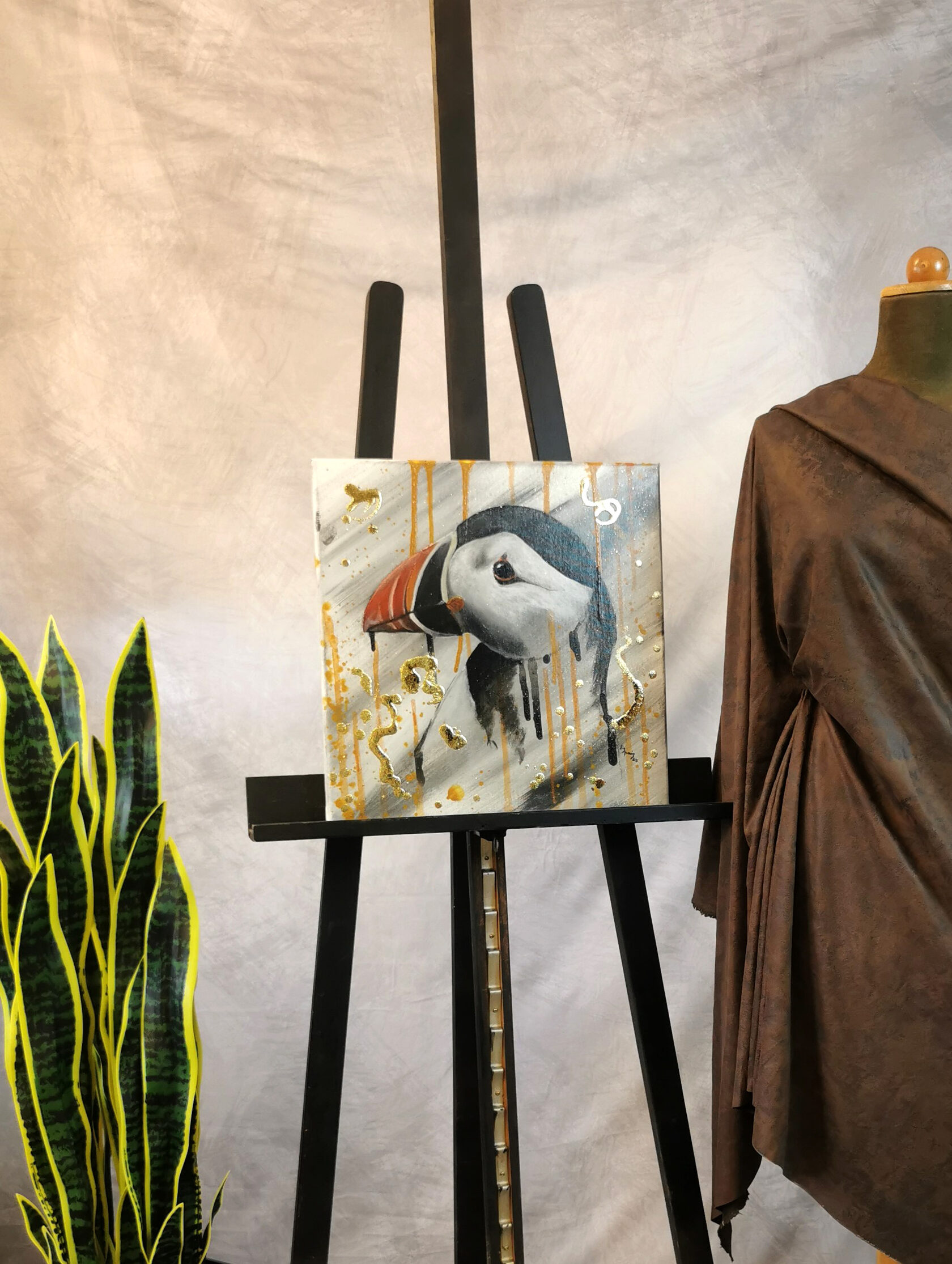 Papageientaucher Gemälde Original – Wildnis und fragile Schönheit