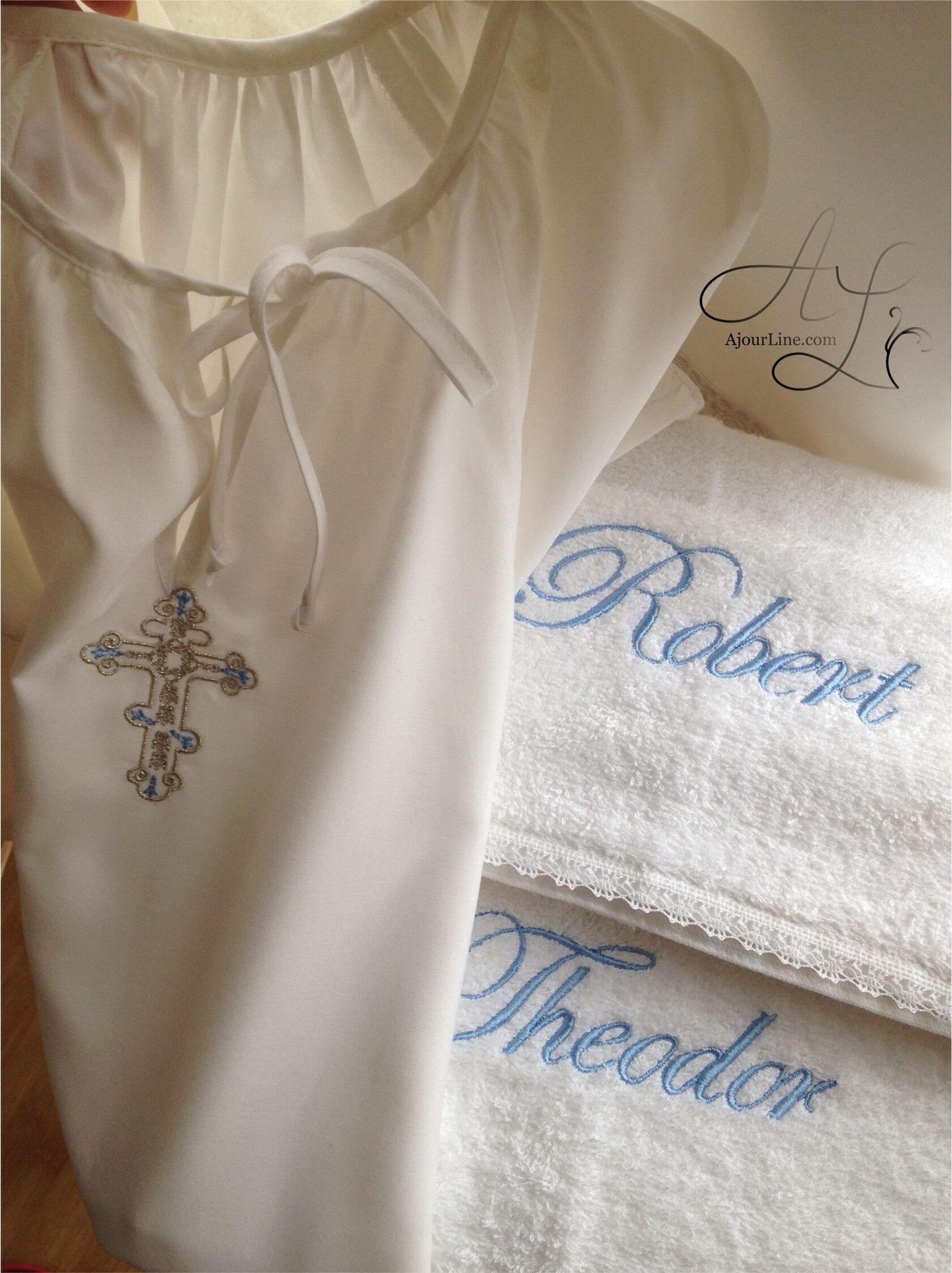 Christening set made from soft natural fabric, including personalized a christening shirt and personalized terry towel with embroidery, made to order in Riga, worldwide shipping.