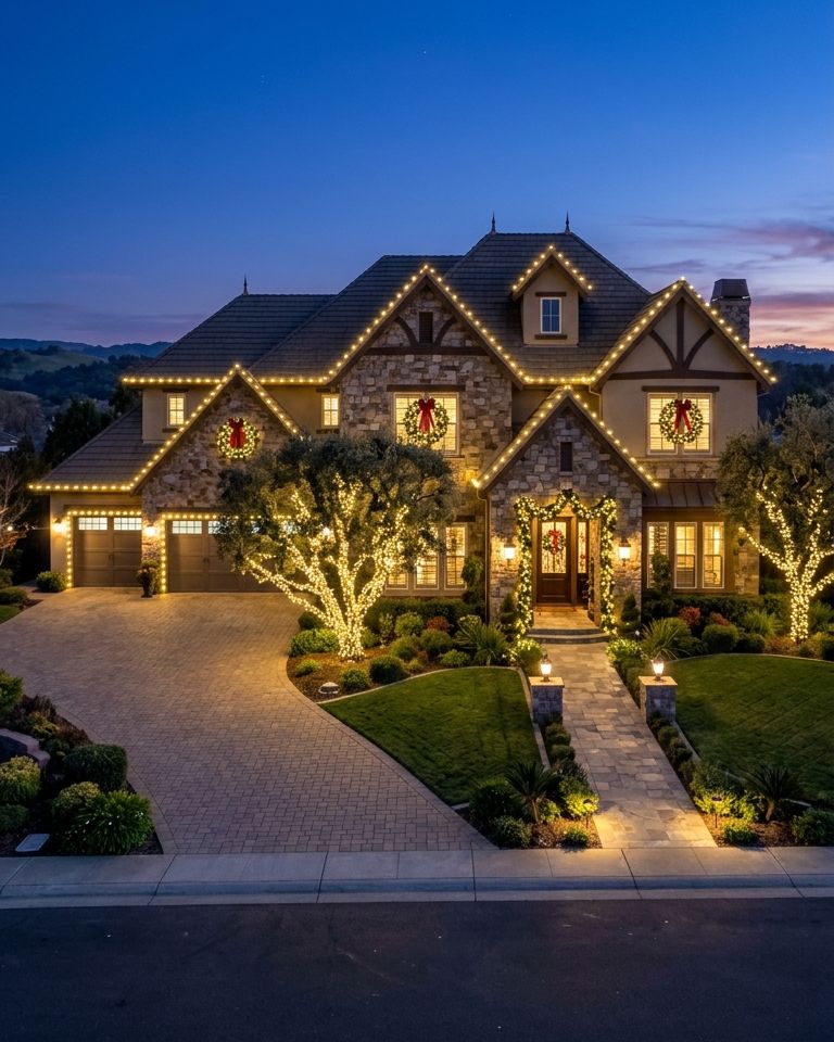 Stone two-story home with warm white roofline lights and lit trees along the driveway