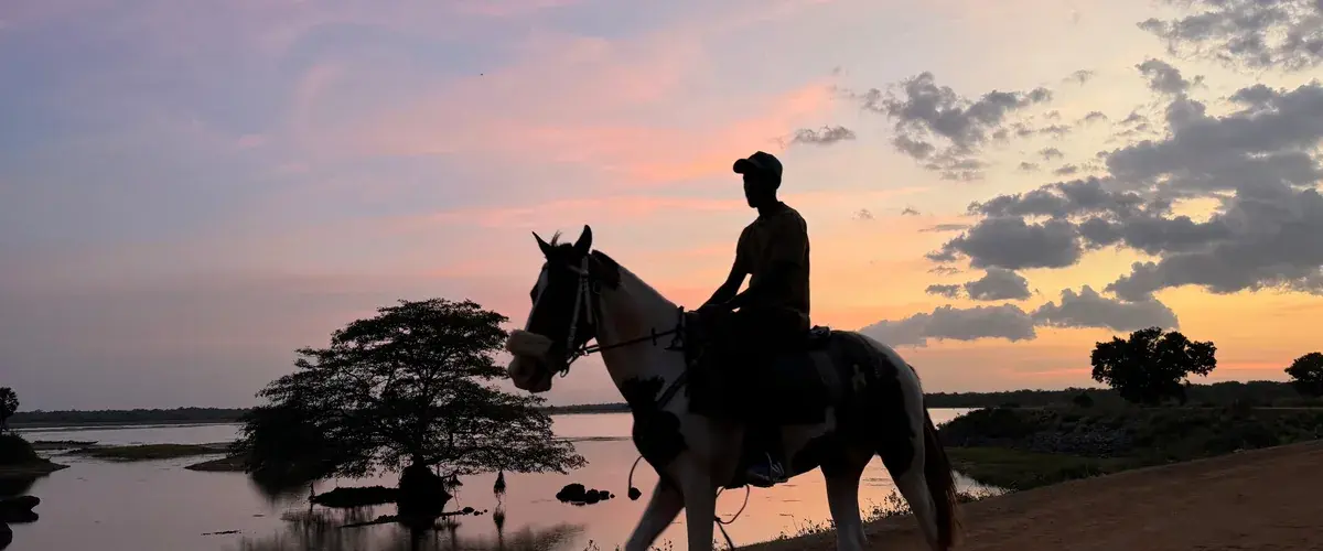 A rider silhouetted against the tank at sunset near the Ranch.