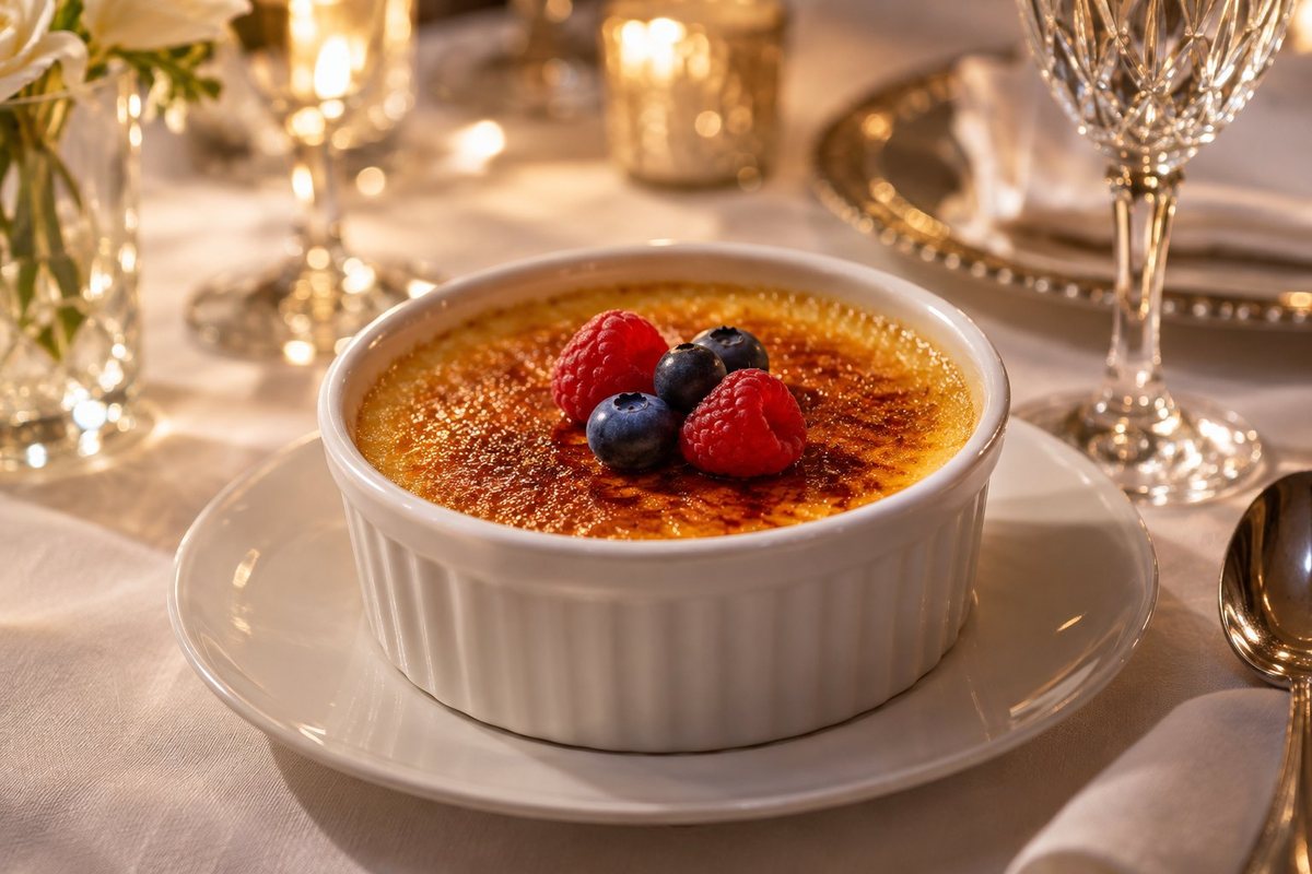 Illustration: crème brûlée with berries from an anniversary menu by private chef Marina Staver, Miami