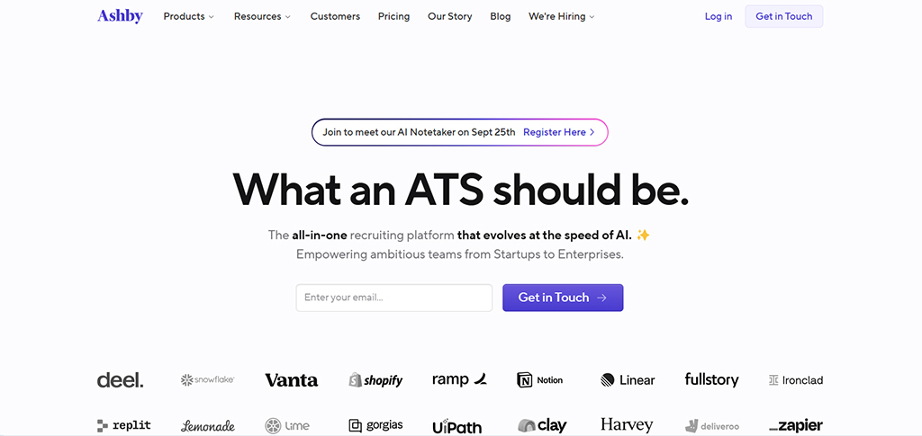 SaaS landing page example — Ashby.