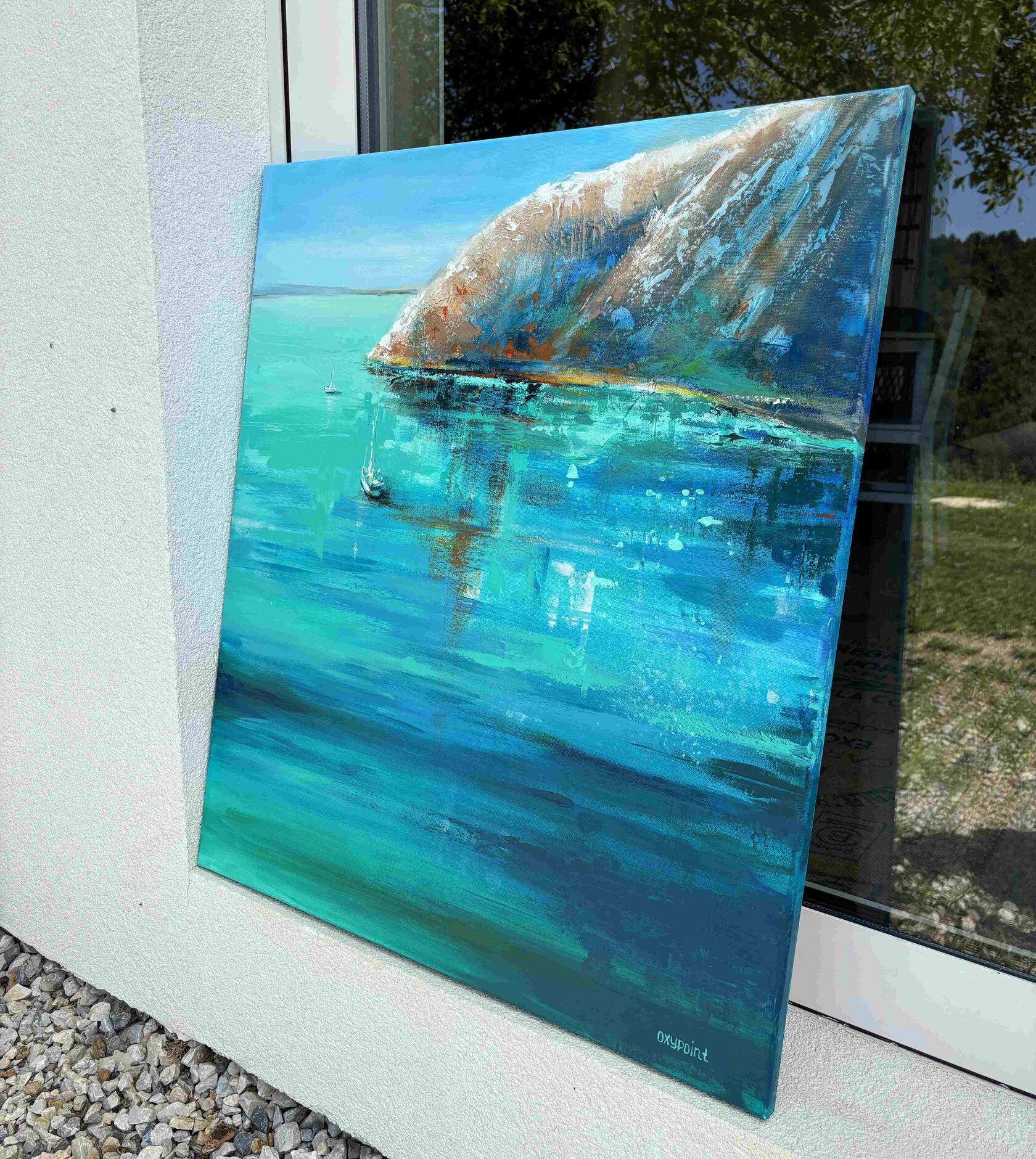 Acrylic painting of the sea, mixed media, turquoise sea, sailboat, rock and sea, waves, seascape, painting for sale Oxana Kravtsova Oxypoint