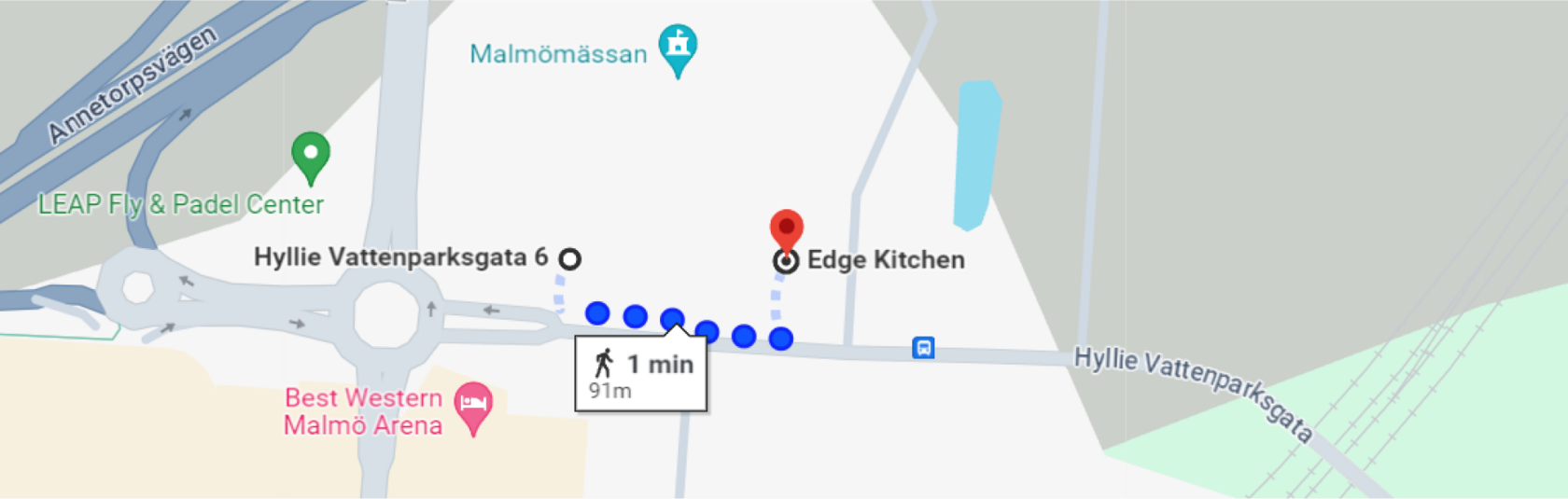 Route to Edge Kitchen Hylle, Google map screenshot.