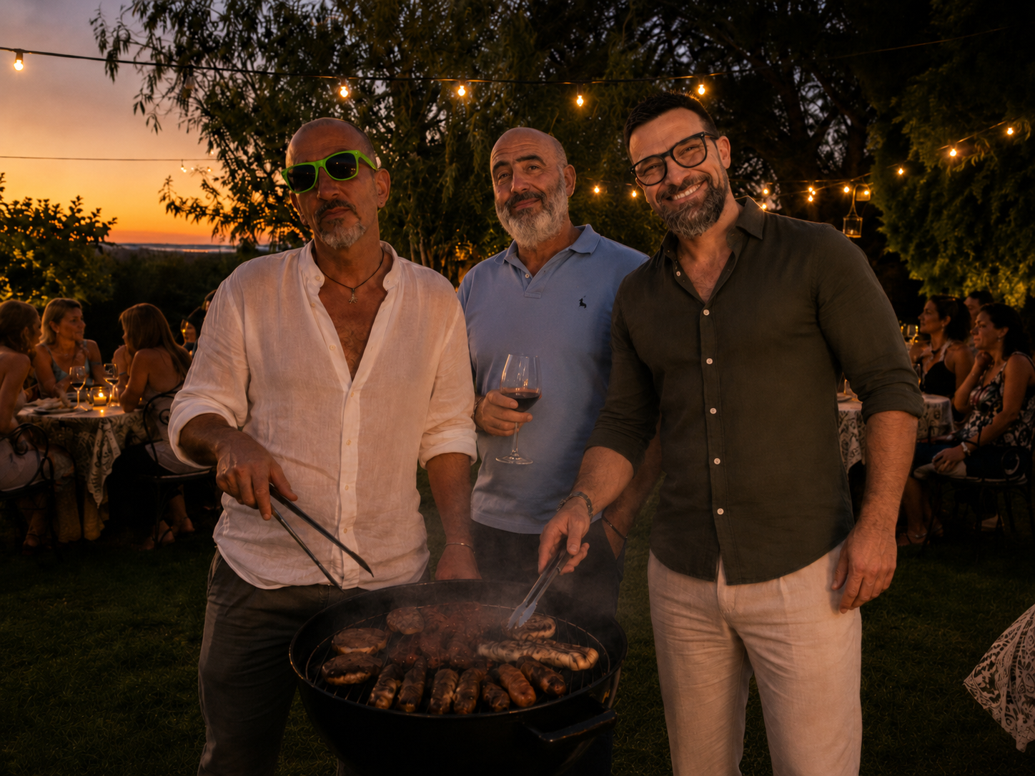 Tre amici davanti al barbecue al tramonto
