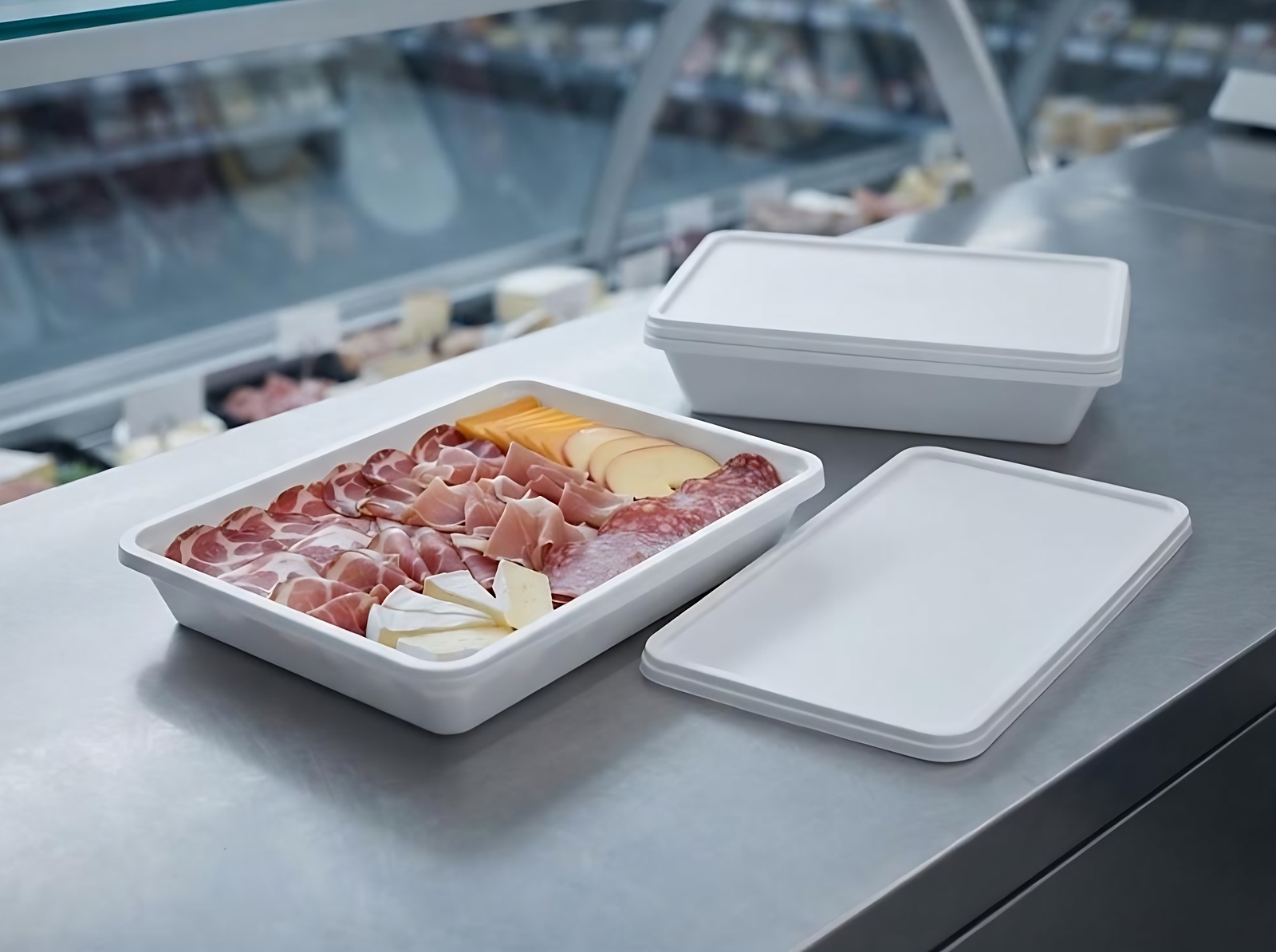 Плоский пластиковый лоток 750 мл с мясной нарезкой на прилавке гастронома