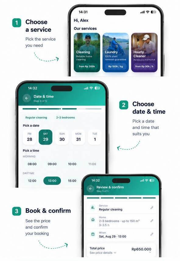 HomeBot app interface showing home services, cleaning, laundry, AC service, and more